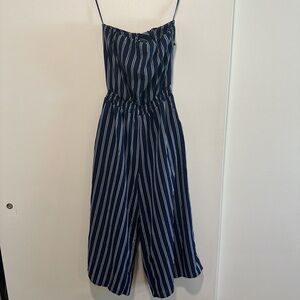 Lulu’s Navy Blue & White Striped Strapless Cropped Jumpsuit